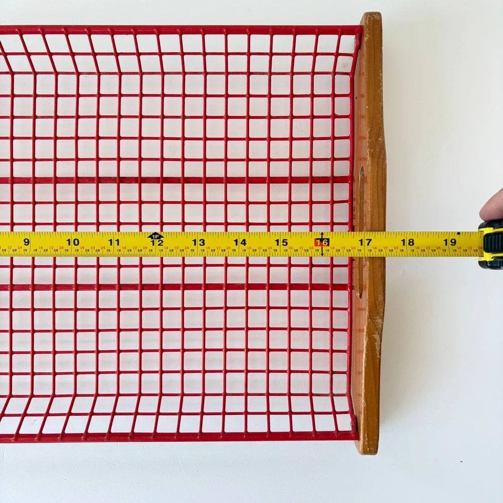 Vintage Red Wire Mesh Serving Tray Wooden Handles MCM Industrial Retro Grid